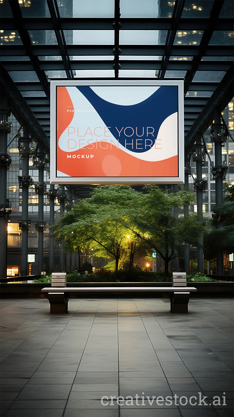 City Billboard Mockup: Stunning Urban Display with Tree, Bench, and Cityscape Backdrop for Creative Advertising A city billboard mockup of urban display with a tree and bench, a vibrant cityscape for creative advertising.